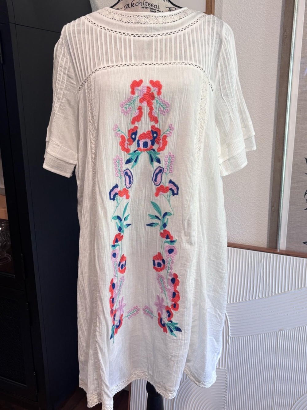 White Embroidered Boho Gauze Dress, Large